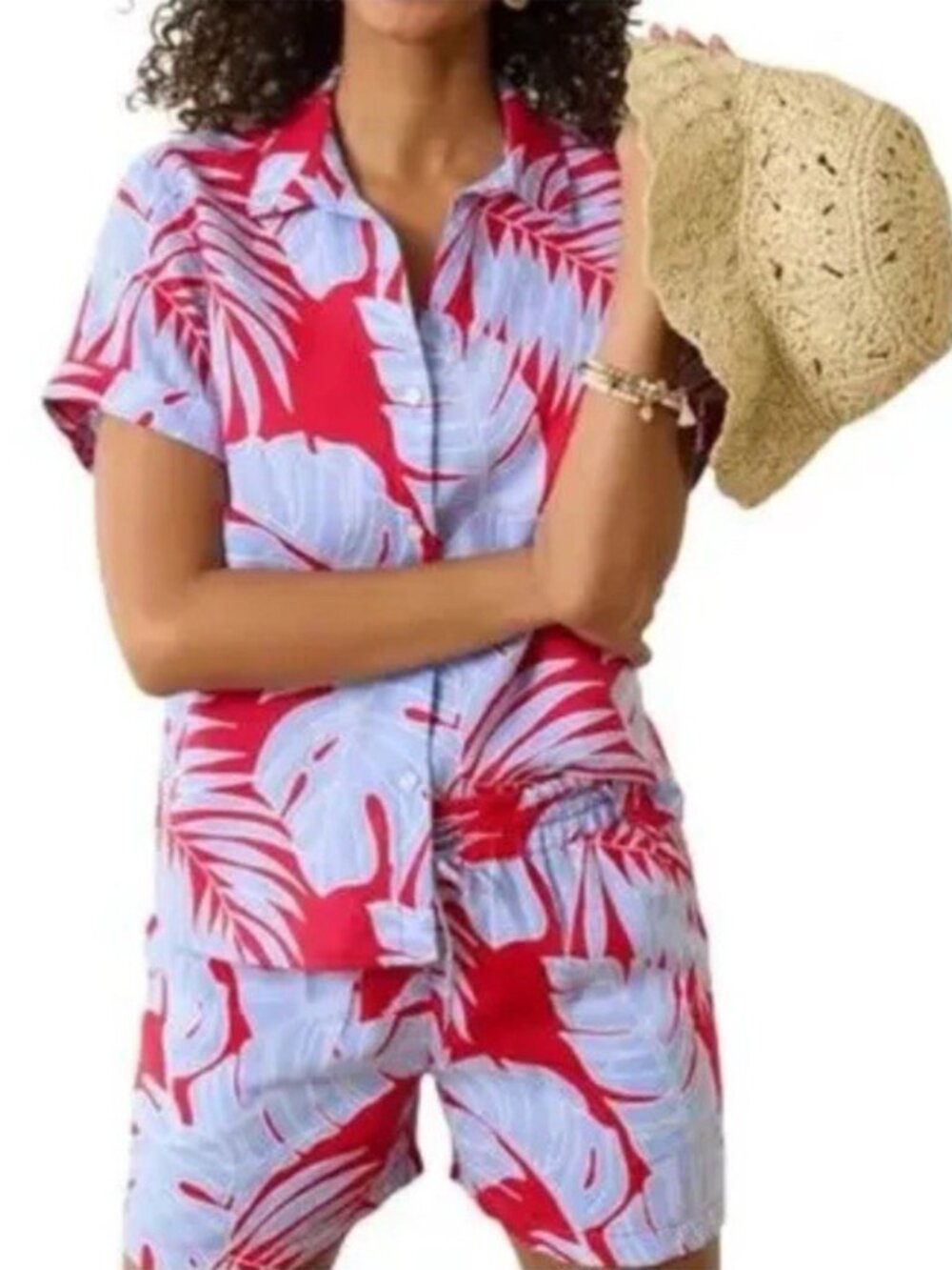 Tommy Bahama Women’s Palms Leaf Print Button Down Shirt In Blue Surf Size M